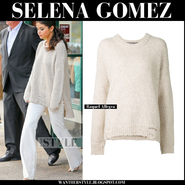 Selena Gomez in cream oversized sweater and white flared pants in ...